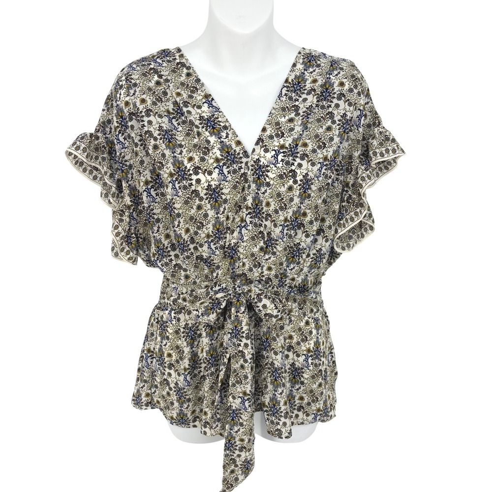 Blouse Womens Small Garden Floral Flutter Sleeve Tie Waist Boho Chic Teacher